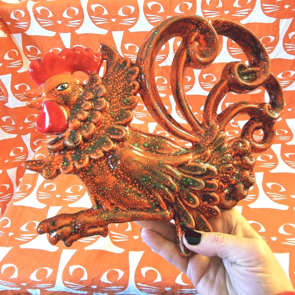GORGEOUS Vintage MCM ceramic ROOSTER 🐓 Amazing orange colour in excellent shape